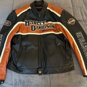 Harley Davidson, Size XL, men’s leather jacket (black/orange/white).
